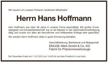 Traueranzeige von Hans Hoffmann von Pegnitz-Zeitung